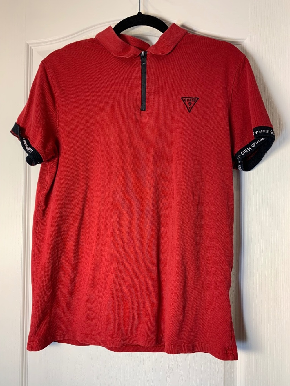 GUESS Los‎ Angeles Red Zip Polo T-Shirt Y2K Logo Sleeve Detail Men M Streetwear
